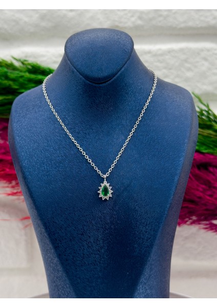 925 Ayar Gümüş Damla Zümrüt Taşlı Popüler Kadın Kolye fiyatları