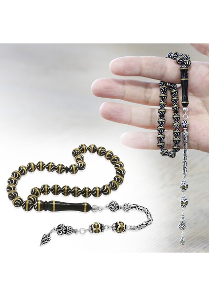 Kuka Tesbih – Siyah – 925 Ayar Gümüş Püsküllü - Pirinç Sarmal - Beyaz Mine Dolgulu – Istanbul Kesim fiyatları