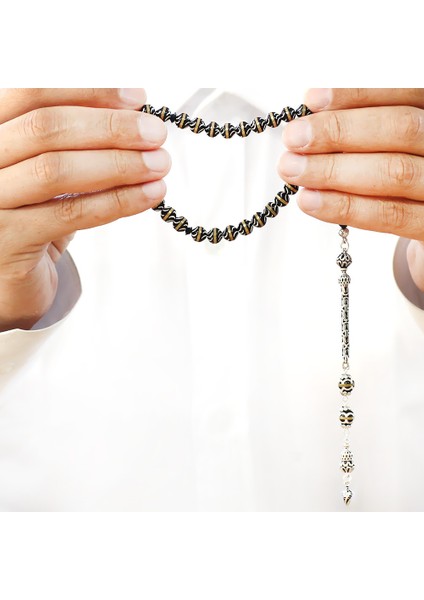 Kuka Tesbih – Siyah – 925 Ayar Gümüş Püsküllü - Pirinç Sarmal - Beyaz Mine Dolgulu – Istanbul Kesim fırsatları