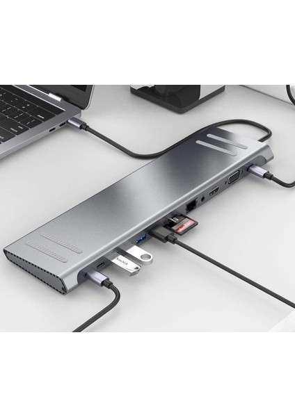 14IN1 Type-C To Istasyonu 14&apos;ü 1 Arada HDMI VGA Pd(3.0), 4 * Usb, 2 * USB C, 10 / 100M Gigabit 14 In 1 Uyumlu 9199A