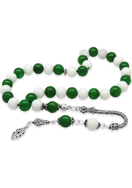 925 Ayar Gümüş Foxtail Zincir Püsküllü Küre Kesim Yeşil Beyaz Jade Doğaltaş Taraftar Tesbih