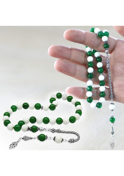 925 Ayar Gümüş Foxtail Zincir Püsküllü Küre Kesim Yeşil Beyaz Jade Doğaltaş Taraftar Tesbih fiyatları