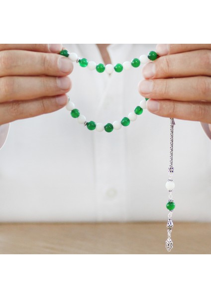 925 Ayar Gümüş Foxtail Zincir Püsküllü Küre Kesim Yeşil Beyaz Jade Doğaltaş Taraftar Tesbih modelleri
