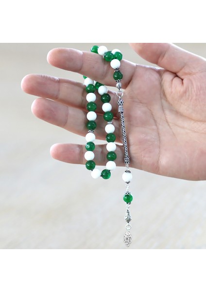 925 Ayar Gümüş Foxtail Zincir Püsküllü Küre Kesim Yeşil Beyaz Jade Doğaltaş Taraftar Tesbih fırsatları