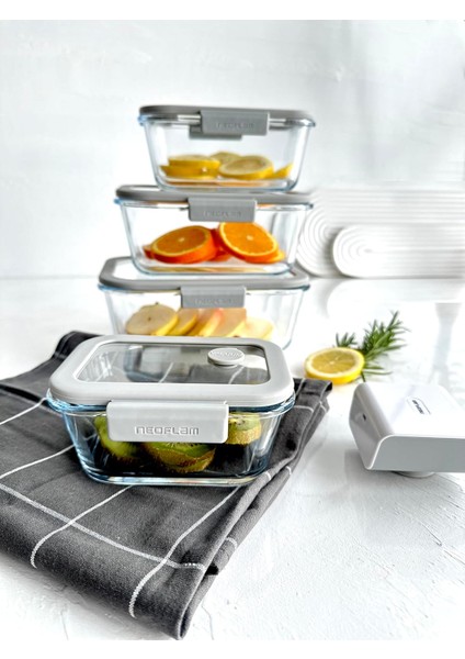 Fika Glace Vakumlu Cam Saklama Kabı Seti Gri 5 Parça D-NEOGGLS05