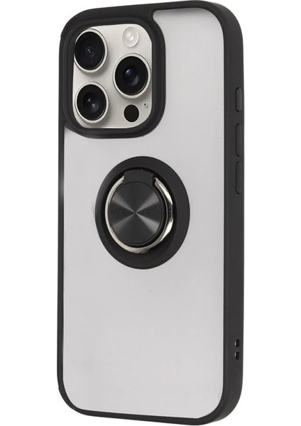 Ggm Aksesuar 16 Pro Max ile Uyumlu Arka Kısmı Mat Şeffaf Yapıya Sahip Manyetik Yüzük Stantlı Kenarları Silikon Tpu Malzemeden Üretilmiş Renkli Tuşlara Sahip Kamera Korumalı Transparan Kılıf (Siyah)