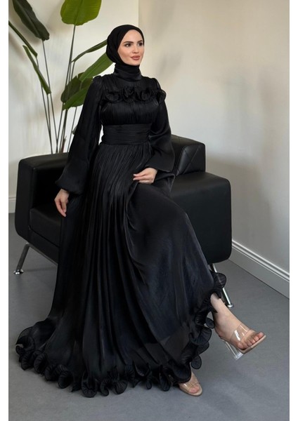 Maryam Altı ve Göğüs Kısmı Fırfırlı Janjan Abiye Siyah fiyatları