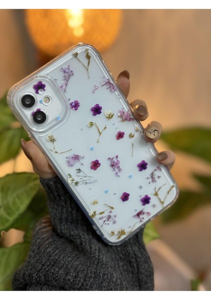 Go Aksesuar 11 Köşeli (12 Görünümlü) ile Uyumlu Mor Çiçek Desenli Kamera Korumalı Kılıf