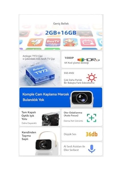 T6 Max 550 Ansı Lümen, 2gb + 16GB, Elektronik Odaklama, Wi-Fi + 5.0, 1920X1080 Taşınabilir Full Hd Tv 9.0 Projeksiyon Cihazı modelleri