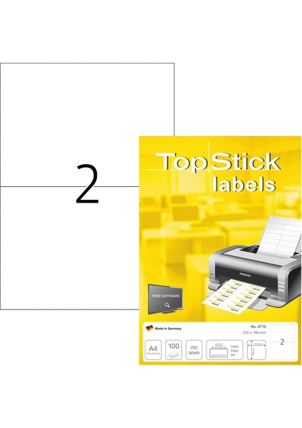 8718 Evrensel Etiketler, 100 Yaprak, 210 x 148 Mm, 2 Adet A4 Yaprak, 200 Adet, Kendinden Yapışkanlı, Yazdırılabilir, Mat, Çıkartma, Beyaz