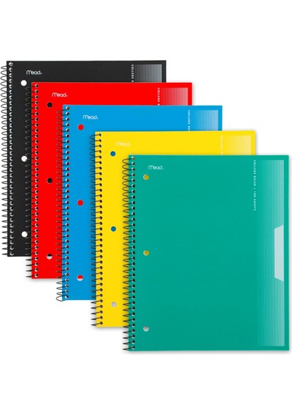 Spiral Defterler, 5&apos;li Paket, 1-Konu, Kolej Çizgili Kağıt, 8-1/2 "x 11", 100 Yaprak, Siyah, Sarı, Kırmızı, Mavi ve Yeşil (820299)