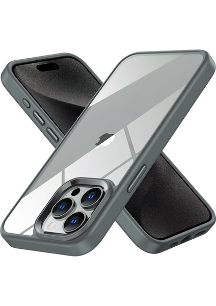 15 Pro Için Serisi Arkası Şeffaf Polikarbonat Kenarları Silikon Kamera Lens Çerçevesi ve Tuşları Metal Yüksek Kalite Şeffaf Silikon Kılıf (Titanyum Gri, Klasik)