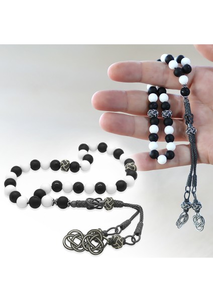 1000 Ayar Gümüş Kazaz Püsküllü Küre Kesim Siyah Beyaz Jade Ayyıldız Oniks Doğaltaş Taraftar Tesbih fiyatları