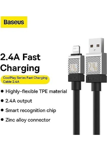 Coolplay Serisi Hızlı Şarj Kablosu USB To Ip 2.4A, 1m, Siyah modelleri