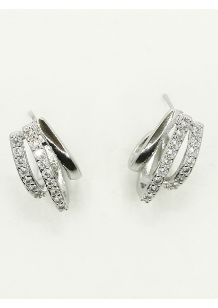 Dinamik ve Katmanlı Gümüş Tonu Zirkon Taşlı Küpe