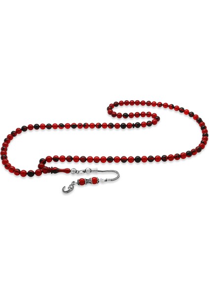 925 Ayar Gümüş Püsküllü Küre Kesim Kırmızı Siyah Ateş Kehribar 99 Taneli Namaz Tesbihi
