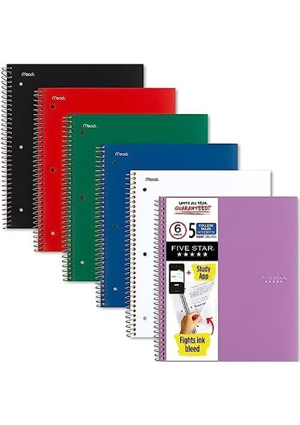 Star Spiral, 5 Subject, College Ruled, 200 Yaprak, 11" x 8-1/2", Çeşitli Renkler, 6&apos;lı Paket (73793) modelleri