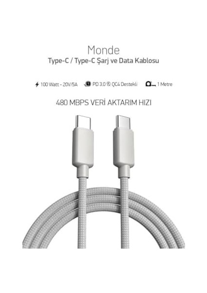 Monde 100W Örgülü Type C To Type C Spk-10 1mt Data ve Şarj Kablosu modelleri