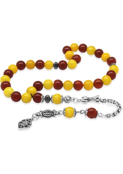 Kararmaz Metal Arnavut Zincir Püsküllü Küre Kesim Sarı Kırmızı Jade Akik Doğaltaş Taraftar Tesbih M1