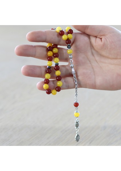 Kararmaz Metal Arnavut Zincir Püsküllü Küre Kesim Sarı Kırmızı Jade Akik Doğaltaş Taraftar Tesbih M1 fırsatları