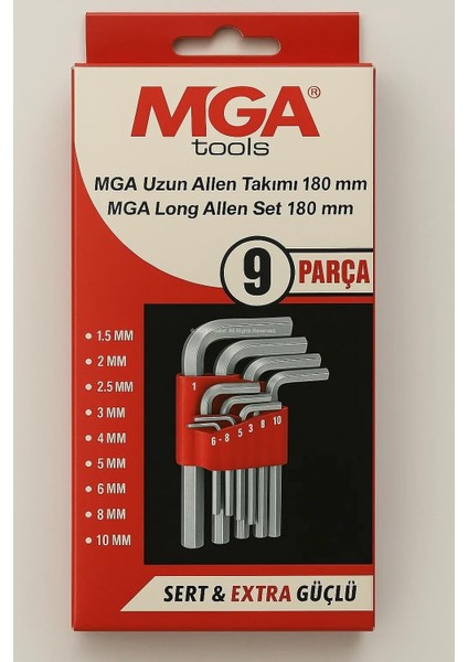Mga 9 Parça L Allen Anahtar Takımı, Metrik 1.5–10 mm Boyutlu, Dayanıklı, Taşıma Aparatlı, Hobi ve Endüstriyel Kullanım Için Mini Set (Uzun, 180 Mm)