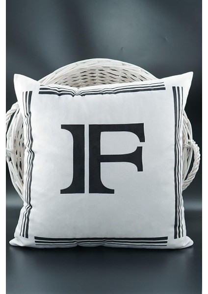 Harfli Kırlent Kılıfı Kadife 43X43 cm Çift Taraflı F Harfi Kedi Desenli Evlilik Teklifi Doğum Günü