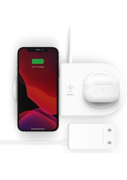 Boost Charge Iki Şarj Pedi ile Kablosuz Şarj Cihazı (Kablosuz Çift Şarj Cihazı, 15W, Telefon, 2 Cihaz ve Hızlı Şarj - Beyaz