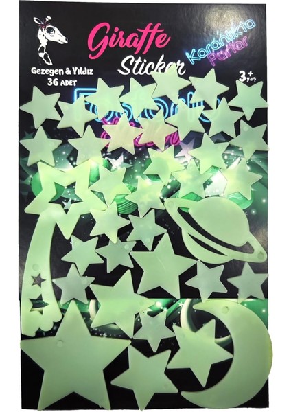 Karanlıkta Parlayan Fosforlu Ay ve Yıldız Tasarımlı Dekoratif (36 Adet Gezegen Yıldız)