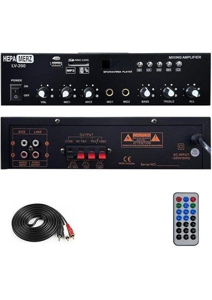 Merz LV-200 100V Trafolu ve 4-16 Ohm Mixer Amfi 200W Anfi USB