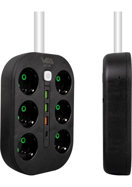 Anahtarlı Siyah Priz, 1.5 Metre Kablo, 3 x Usb, 1 x Type-C Pd Girişli, Priz, 10AH Anahtarlı Priz, 2500W Güç, Usbli,telefon Sarjlı, Anahtarlı, Topraklı,