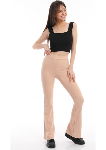 Ispanyol Paça Fitilli Yüksek Bel Likralı Ten Rengi Tayt Pantolon modelleri