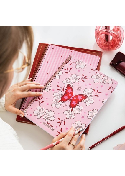 Spiralli Karton Kapak 2’li Set Çizgili Okul Defteri 80 Yaprak, Ders Programlı Pembe Kelebek