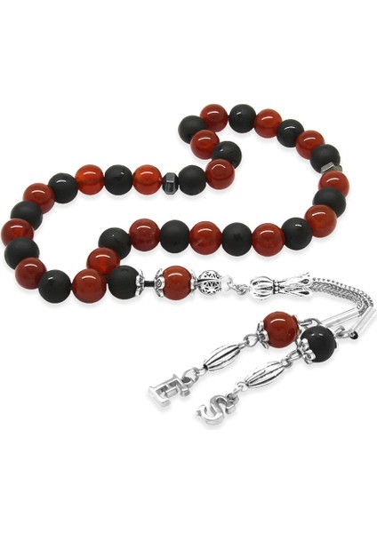 Kararmaz Metal Isme Özel Harf Püsküllü Küre Kesim Kırmızı Siyah Oniks Akik Doğaltaş Taraftar Tesbih