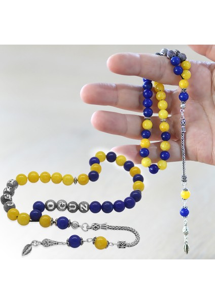 925 Ayar Gümüş Püsküllü Küre Kesim Isme Özel Yazılı Sarı Lacivert Jade Doğaltaş Taraftar Tesbih fiyatları