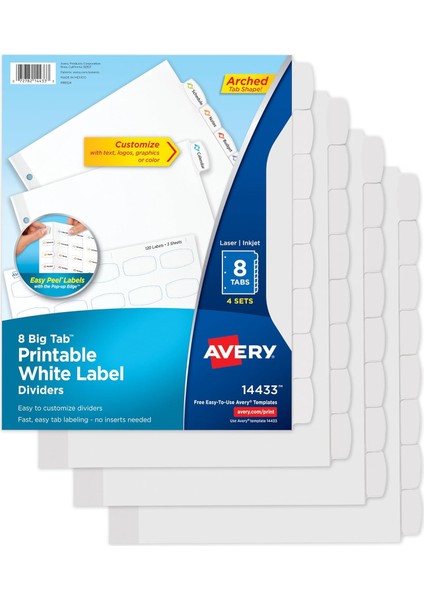 Soyulmuş, 8 Sekme, 4 Takım (14433) ile Büyük Sekme Yazdırılabilir Beyaz Etiket Bölücüler