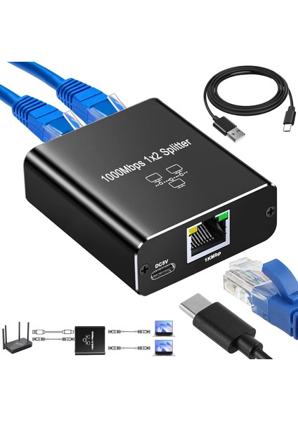 Splitter 1 Ila 2, Gigabit Ağ Bölücü, Lan Internet Bölücü, Bilgisayar, Anahtar, Yönlendirici, Adsl, Set Üstü Kutu, Tv (Aynı Anda Çalışıyor Için Laı Splitter)
