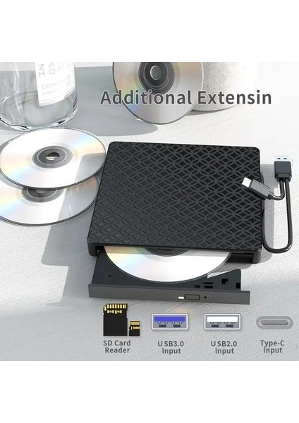 7in1 Harici USB 3.0 ve Type-C Dvd-Rom Dvd-Rw Optik Sürücü, USB ve Type C Kablolu, Pc, Tablet, DVD Player, Desenli Tasarım Ultra Slim CD Rom Okuyucu CV440 modelleri