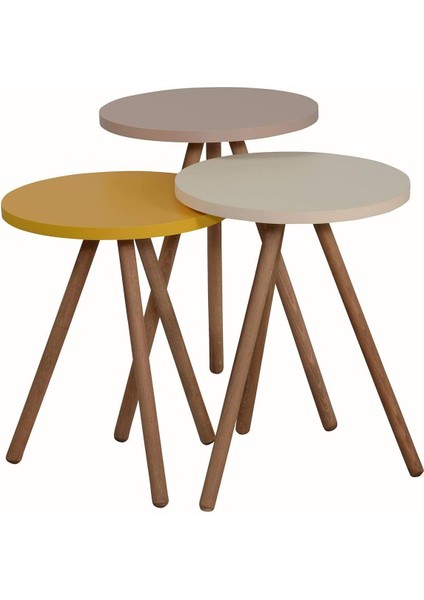 Renkli Üçlü Zigon Sehpa Ahşap Ayaklı Yuvarlak Pastel Tasarım Sarı Krem Cappuccino