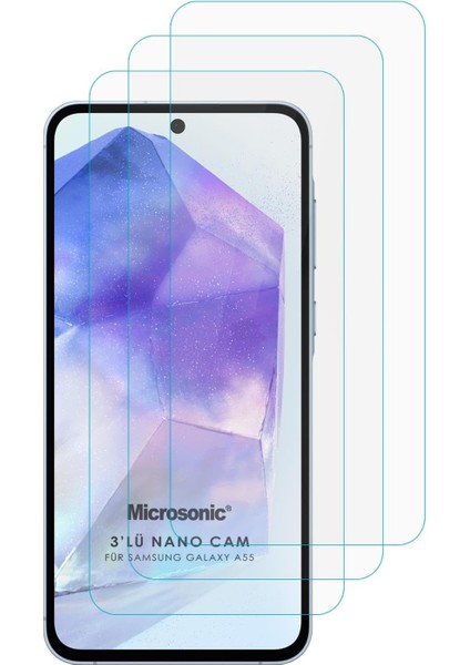 Galaxy A55 Screen Protector Glass Cam Ekran Koruyucu (3`lü Paket) [galaxy A55 ile Uyumlu Ekran Koruyucu - Şeffaf]