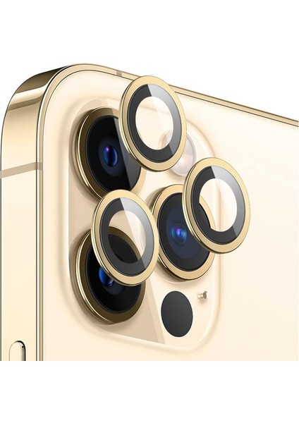 Iphone 12 Pro Max Uyumlu Alüminyum Alaşım Çerçeveli Tempered Glass Kamera Lens Koruyucu Kırılmaz Cam(3&apos;lü Set) (Altın)
