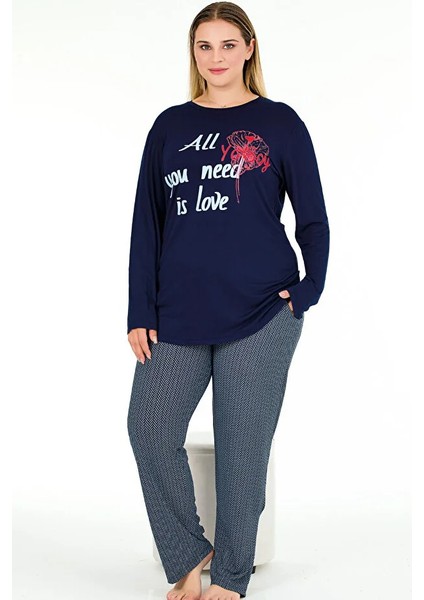 Lady Çizgili Yumuşacık Alt Pijama Uzun Kollu Lacivert Üst Büyük Beden Viskon Kumaş Pijama Takımı