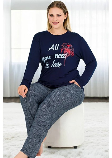 Lady Çizgili Yumuşacık Alt Pijama Uzun Kollu Lacivert Üst Büyük Beden Viskon Kumaş Pijama Takımı fiyatları