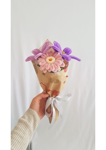 El Yapımı Dekoratif Şönil Çiçek Buketi (3’lü) – Gerbera ve Zambak Seçenekli Solmayan Hediye