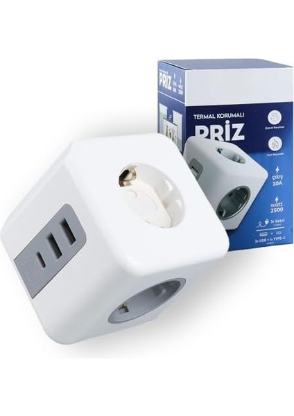 Akım Korumalı 3&apos;lü Duvar Küp Priz, 2xusb - 1xtype-C (Tip C), Çocuk Korumalı, Dayanıklı Topraklı Üçlü Priz, 2500W 10A fiyatları