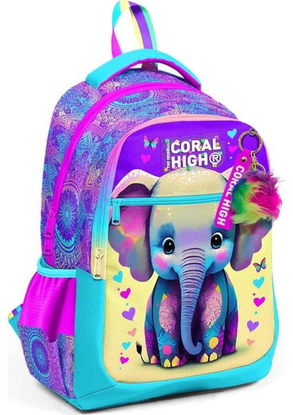 Pembe Turkuaz Fil Desenli Kız Çocuk Ilkokul Çantası ve Günlük Sırt Çantası