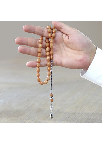 925 Ayar Gümüş Kral Zincir Püsküllü Arpa Kesim Krem Rengi Sıkma Kehribar Tesbih modelleri