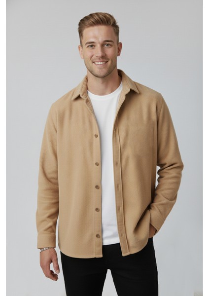 Erkek Camel Kadife Fitilli Rahat Kesim Gömlek Yumuşak Dokulu Likralı Kadife Gömlek 2600758