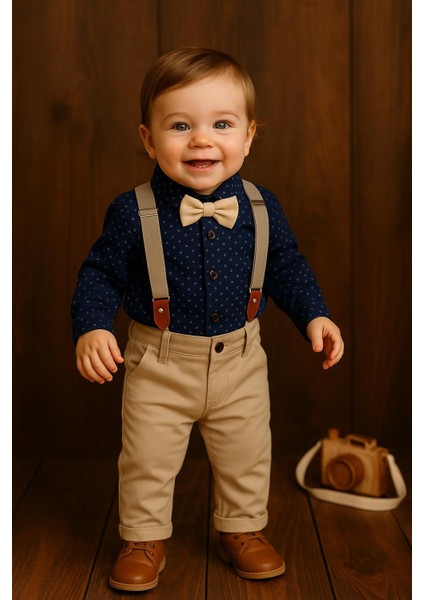 Kids Papyonlu Lacivert Askılı Erkek Bebek 2 Li Takım