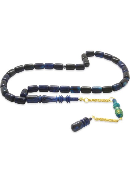 Altın Rengi 925 Ayar Gümüş Püsküllü Imamesı Usta Işçilikli Kapsül Kesim Mavi Siyah Katalin Tesbih