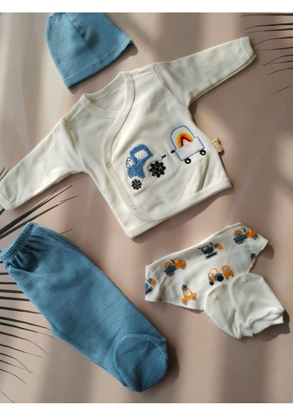 Nakışlı Traktör Desenli 5’li Erkek Bebek Hastane Çıkış Seti – %100 Pamuklu
